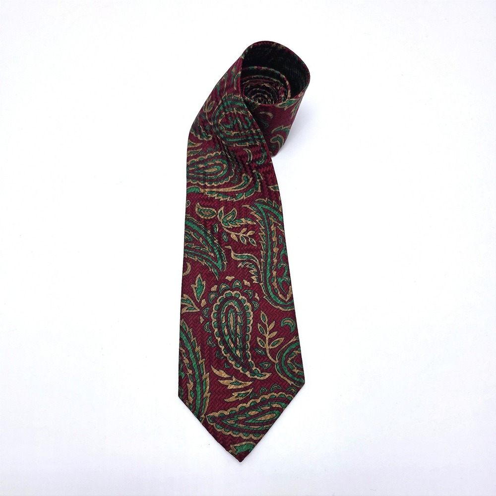 Burberrys of London Silk Paisley Tie Burgundy Green Gold Vintage Made in USA